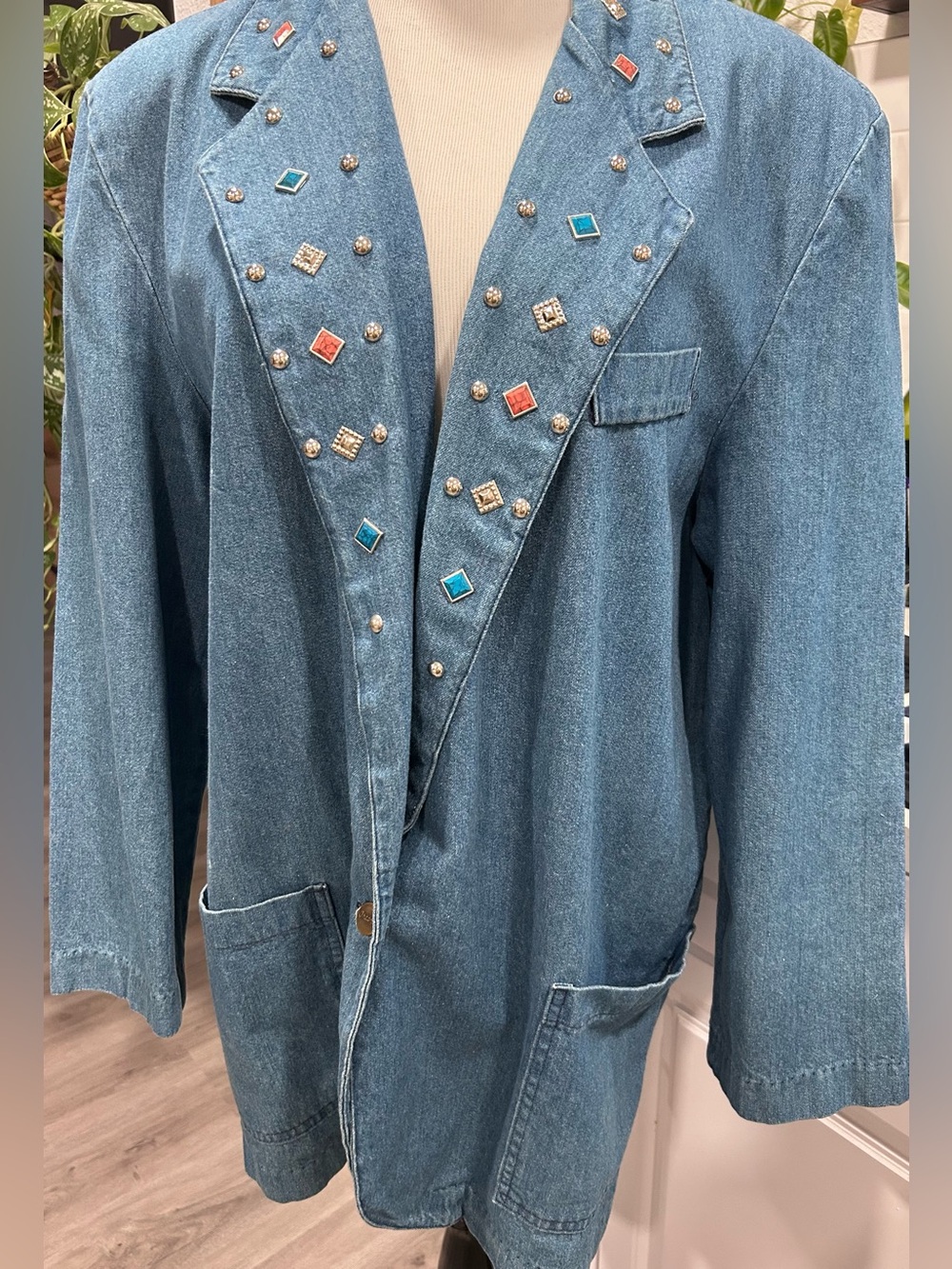 VTG Dreams Denim Blazer Jacket XL Blue Studded Gemstone Embellished Boho